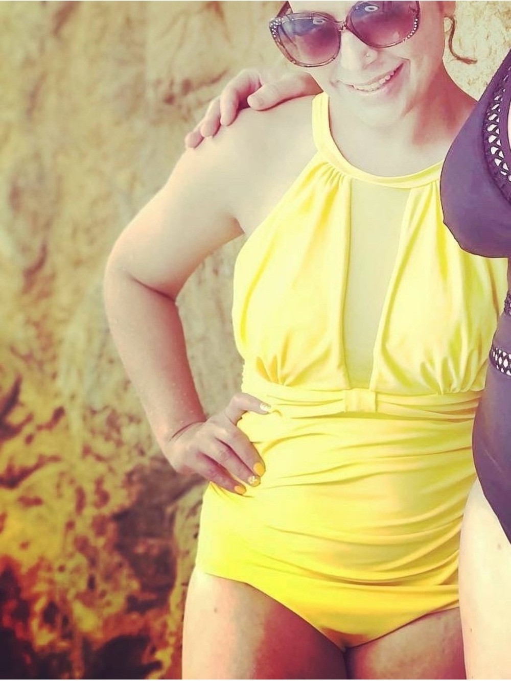 Yellow One-Piece Swimsuit with Plunging Mesh Detail